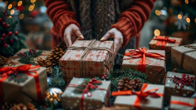 The seller displays unique Christmas gifts in beautiful packages and with festive decor.
