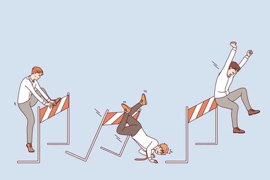 Tough competition in business for men running and hesitating, jumping over obstacles on path to success. White-collar guys suffer while overcoming obstacles course at tournament among clerks