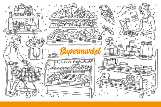 Supermarket with food and fresh vegetables or baked goods near buyer with shopping cart and seller. Grocery store shelves or supermarket showcases with product assortments. Hand drawn doodle