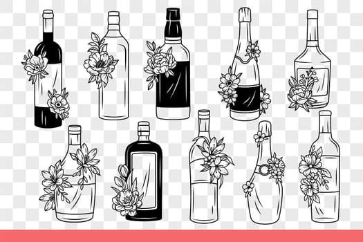 Bottles of alcohol from restaurant bar with wine list are decorated with flower buds. Bottles for vodka and cognac or beer and tequila for party in honor of spring holidays. Hand drawn doodle