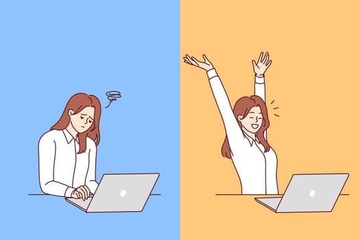 Woman freelancer experiences sudden mood swings and fatigue while working on project at laptop. Tired girl freelancer makes complex website, then joyfully raises hands up after completion