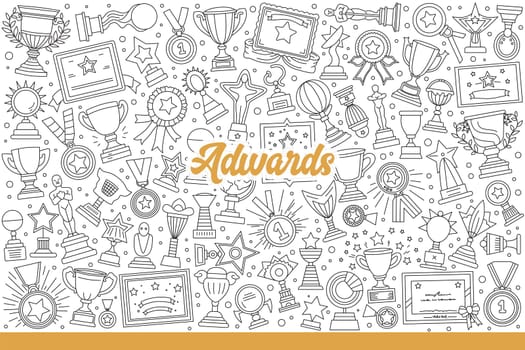 Awards and trophies of various types to reward winners or motivate achievements. Awards for tournaments in form of medals and cups or statuettes and certificates. Hand drawn doodle