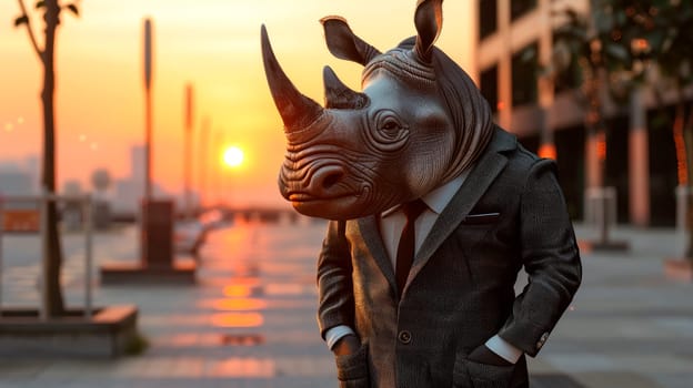 A rhinoceros wearing a business suit, holding his hands in a pockets and standing on empty square of city center at sunset. AI generated