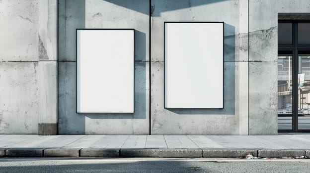 Brutalist architecture with white poster mockups on a modern building wall. AI generated