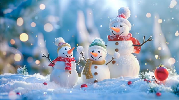 A happy family of Snowmen in the snow. AI generated