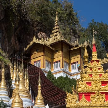 The entrance to Pindaya Cave in Myanmar (Burma). The interior of the cave temple contains over 8000 Buddha images the earliest are thought to date from around 1750.