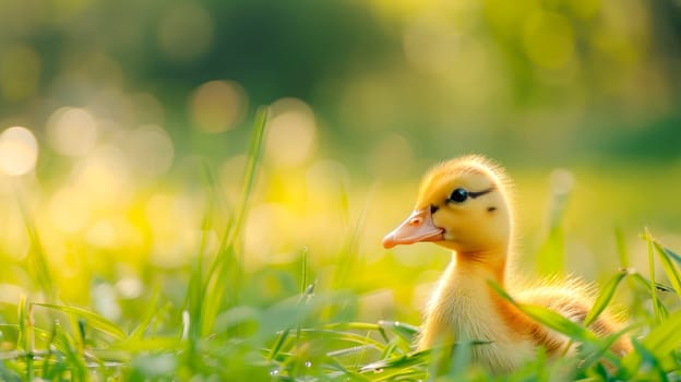 Little yellow duckling sitting on backyard on a green grass. AI generated