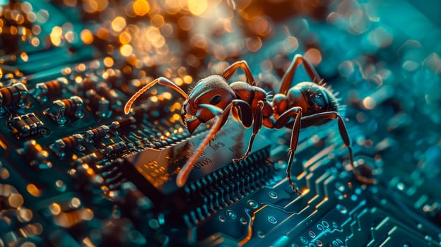 Close-up of an ant on a computer circuit board, highlighting the interconnectedness of technology and nature. AI generated