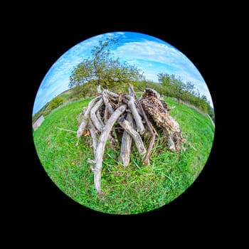 Stack of wood in green meadow with fish-eye distortion