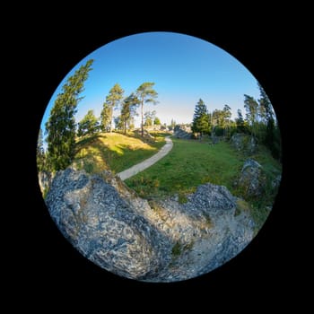 Germany rock formations of wental valley felsenmeer in swabian jura nature landscape scene with fish-eye distortion