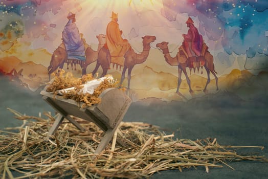 Birth of Jesus Christ, three kings riding on camels, star of Bethlehem shinning on manger, religion and faith of christianity, bibical story of Christmas
