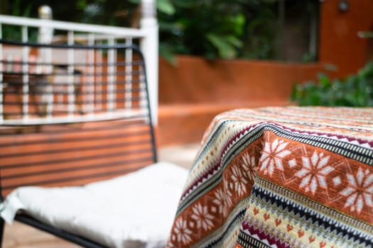 A coffee shop terrace with tables and chairs, stock photo