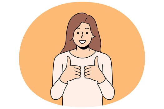 Woman with smile gives two thumbs up in agreement with your proposed course of action. Young girl with smile gives thumbs up approving advertised product or giving high rating to services of tutor