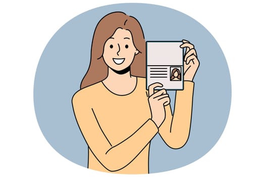 Woman demonstrates passport, rejoicing at receiving first id document or new citizenship after relocation. Dvushka kopeck piece with passport trying to get access to security room in office