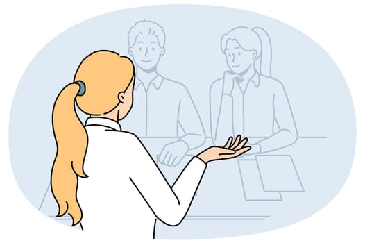 Woman in interview sitting at table with two recruiters, wanting to get new job with big salary and insurance. Girl talks about virtues to HR specialists during professional interview