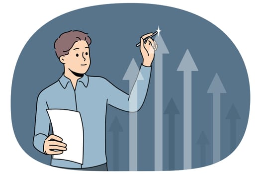 Businessman draws up arrow on virtual screen analyzing growth from company investment. Successful businessman demonstrating digital graph of fluctuation in profit or increase in number of buyers