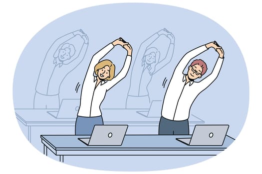 Office workers do exercises standing at workplaces and stretching arms up. Business men and women doing office fitness to increase work productivity or fight diseases associated with sedentary work