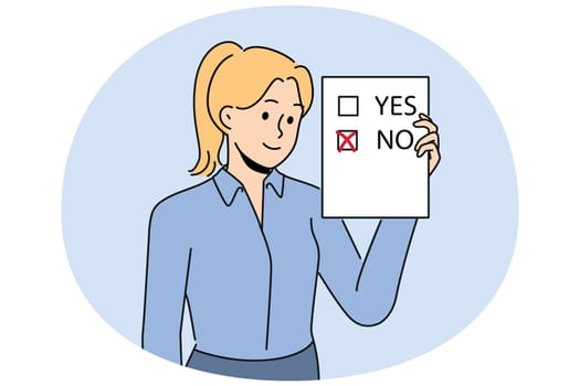 Woman voter demonstrates ballot for presidential elections or referendum with chosen answer no. Voter holds questionnaire designed to survey population on socially important topics.