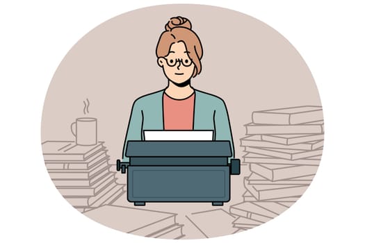 Woman with old typewriter sits at table with books, works as poet in literary magazine and comes up with new novel. Smart girl journalist or copywriter uses vintage typewriter instead of computer