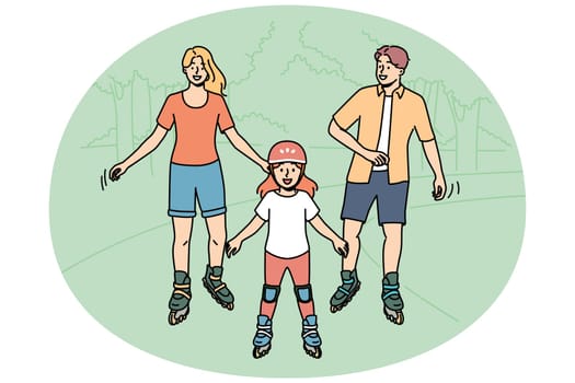 Happy family roller skating in park enjoying joint activity on nature in warm summer weather. Little girl roller skating and laughing together with mom and dad during outdoor recreation
