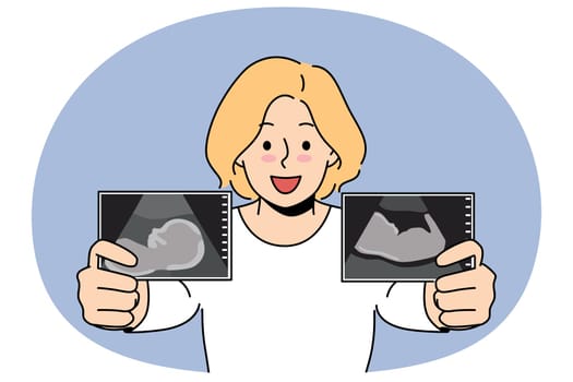 Pregnant woman boasts of ultrasound images of baby in womb of future mother in prenatal period. Pregnant blonde girl smiles and prepares to become mom and give birth to healthy newborn