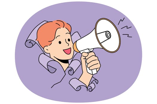 Man shouts into megaphone, sticking head out of hole in paper and calling for attention to advertising campaign. Guy with megaphone in hand symbolizes activism in order to draw attention to problems
