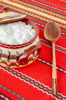 Traditional Bulgarian yogurt made from sheep's or cow's milk and natural sourdough. Selective focus with shallow depth of field.