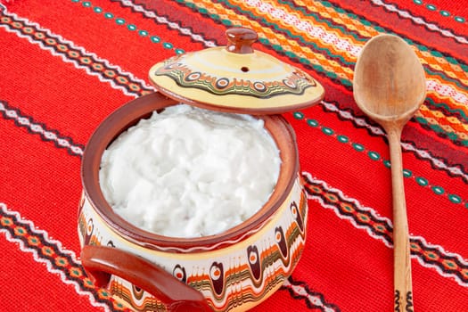 Traditional Bulgarian yogurt made from sheep's or cow's milk and natural sourdough. Selective focus with shallow depth of field.
