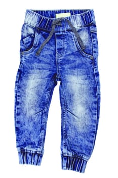 Jeans isolated. Trendy stylish blue denim pants or trousers for child boy isolated on a white background. Clipping path. Jeans winter and autumn fashion.