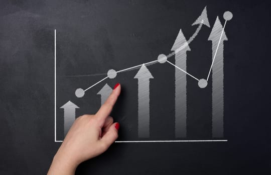 White chalk drawn graph columns and up arrow, indicator growth concept