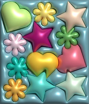 Inflated stars, hearts on a blue background, 3D rendering illustration