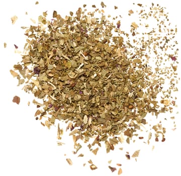 Crushed dry basil leaves on isolated background, top view