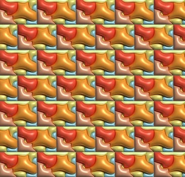 Abstract background with repeating elements in the form of inflated shiny soft various shapes, 3D rendering illustration
