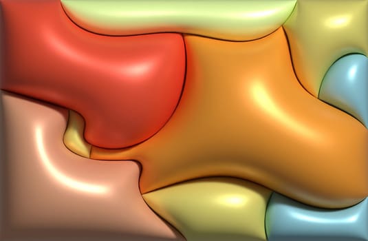 An abstract image with smooth, curved shapes and bright, saturated colors, reminiscent of colorful gel drops. 3D rendering illustration