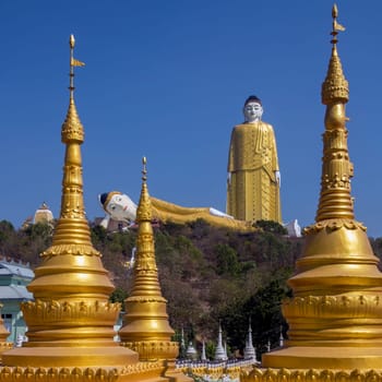 The Laykyun Sekkya Standing Buddha viewed from the Aung Setkaya Pagoda. It is the tallest Buddha statue in the world at 116m (381ft). Located in the village of Khatakan Taung, near Monywa, Myanmar. Construction began in 1996 and was completed in February 2008.