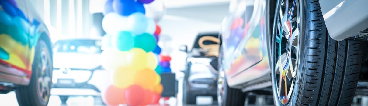 Car parked in luxury showroom. Car dealership office decorate with balloons. New car parked in modern showroom. Car for sale and rent business. Automobile leasing and insurance. Electric automobile.