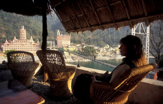 a Hindu Hermitage or Monastery of Ashram at the Holy Ganges River in the city of Rishikesh in the Province Uttarakhand in India.  India, Rishikesh, February, 1998