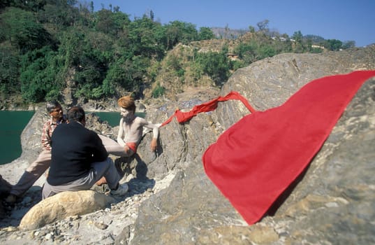 a Holy men and Street Sadhus at the Holy Ganges River in the city of Rishikesh in the Province Uttarakhand in India.  India, Rishikesh, February, 1998