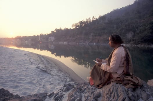 a Holy men and Street Sadhus at the Holy Ganges River in the city of Rishikesh in the Province Uttarakhand in India.  India, Rishikesh, February, 1998
