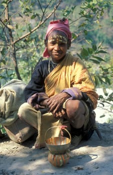 a Holy men and Street Sadhus at the Holy Ganges River in the city of Rishikesh in the Province Uttarakhand in India.  India, Rishikesh, February, 1998
