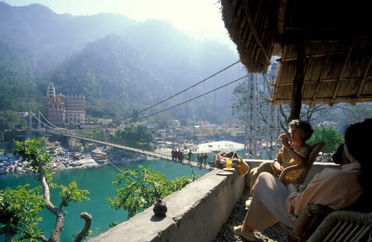 a Hindu Hermitage or Monastery of Ashram at the Holy Ganges River in the city of Rishikesh in the Province Uttarakhand in India.  India, Rishikesh, February, 1998