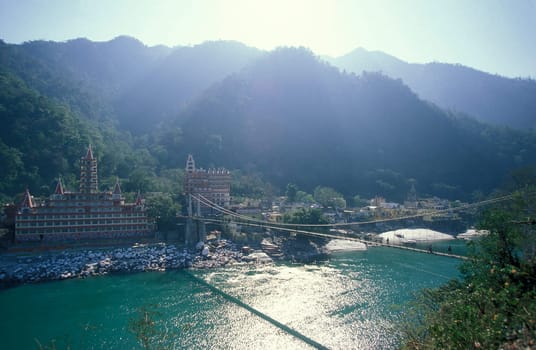 a Hindu Hermitage or Monastery of Ashram at the Holy Ganges River in the city of Rishikesh in the Province Uttarakhand in India.  India, Rishikesh, February, 1998