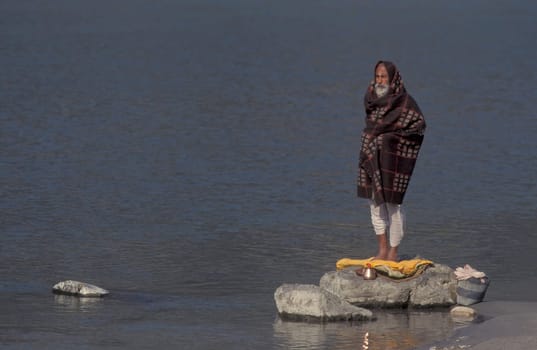 a Holy men and Street Sadhus at the Holy Ganges River in the city of Rishikesh in the Province Uttarakhand in India.  India, Rishikesh, February, 1998