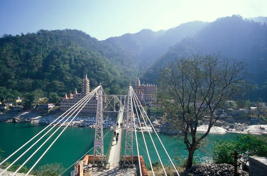 a Hindu Hermitage or Monastery of Ashram at the Holy Ganges River in the city of Rishikesh in the Province Uttarakhand in India.  India, Rishikesh, February, 1998