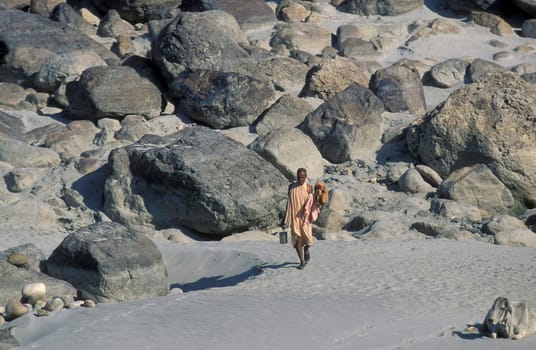 a Holy men and Street Sadhus at the Holy Ganges River in the city of Rishikesh in the Province Uttarakhand in India.  India, Rishikesh, February, 1998
