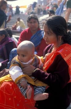 Hindi Pilgrim take a Bath in the Ganges River in the city of Haridwar in the Province Uttarakhand in India.  India, Haridwar, April, 1998