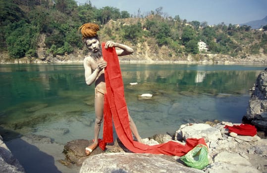 a Holy men and Street Sadhus at the Holy Ganges River in the city of Rishikesh in the Province Uttarakhand in India.  India, Rishikesh, February, 1998