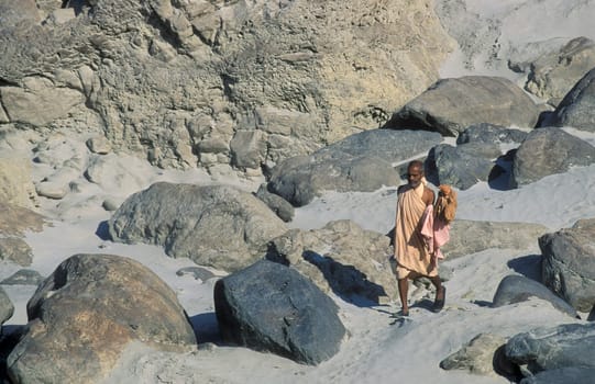 a Holy men and Street Sadhus at the Holy Ganges River in the city of Rishikesh in the Province Uttarakhand in India.  India, Rishikesh, February, 1998