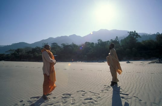 a Holy men and Street Sadhus at the Holy Ganges River in the city of Rishikesh in the Province Uttarakhand in India.  India, Rishikesh, February, 1998