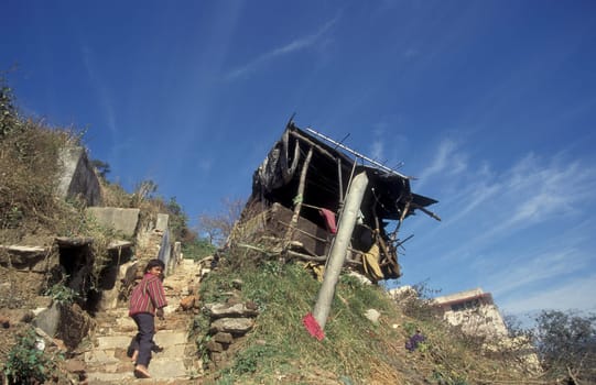 a old House in the Village of  the city of Rishikesh on the Ganges River in the Province Uttarakhand in India.  India, Rishikesh, February, 1998